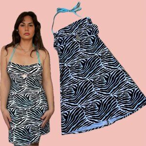 Y2K White &amp; Blue Zebra Print Mini Dress - La Vie en Rose (Size Small)